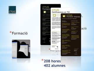 *
*Certificacions (Microsoft,
Cisco, …)
*Certificats d’especialització
universitària
*Solucions tecnològiques
*Màrqueting digital
*208 hores
402 alumnes
 