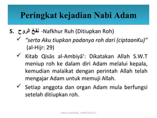Peringkat kejadian Nabi Adam
5. ‫- نفخ الروح‬Nafkhur Ruh (Ditiupkan Roh)
    “serta Aku tiupkan padanya roh dari (ciptaanKu)”
      (al-Hijr: 29)
    Kitab Qisās al-Ambiyā’: Dikatakan Allah S.W.T
     meniup roh ke dalam diri Adam melalui kepala,
     kemudian malaikat dengan perintah Allah telah
     mengajar Adam untuk memuji Allah.
    Setiap anggota dan organ Adam mula berfungsi
     setelah ditiupkan roh.

                   cahaYa petuNjuk_ctu085/jun2011
 