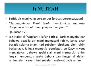 I) NUTFAH
• Setitis air mani yang bercampur [proses persenyawaan]
• “Sesungguhnya Kami telah menciptakan manusia
  daripada setitis air mani yang bercampur…”
   (al-Insan : 2)
• Ibn Hajar al-’Asqalani (Tafsir Fath al-Bari) menyebutkan
  bahawa apabila air mani memasuki rahim, ianya akan
  berada selama enam hari sebelum disokong oleh rahim
  berkenaan. Ia juga memetik pendapat Ibn Qayyim yang
  mengatakan bahawa apabila air mani memasuki rahim,
  ianya membentuk suatu bebola dan tinggal di dalam
  rahim selama enam hari sebelum melekat pada rahim.
                     cahaYa petuNjuk_ctu085/jun2011
 