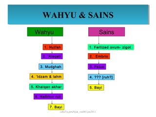 WAHYU & SAINS
      WAHYU & SAINS
  Wahyu                                         Sains

       1. Nutfah                       1. Fertized ovum- zigot

      2. ‘Alaqah                       2. Embrio


    3. Mudghah                         3. Fetus

4. ‘Idzam & lahm                       4. ??? [ruh?]

5. Khalqan akhar                       5. Bayi

  6. Nafkhur ruh


         7. Bayi
               cahaYa petuNjuk_ctu085/jun2011
 