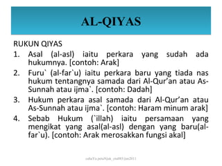 AL-QIYAS
RUKUN QIYAS
1. Asal (al-asl) iaitu perkara yang sudah ada
   hukumnya. [contoh: Arak]
2. Furu` (al-far`u) iaitu perkara baru yang tiada nas
   hukum tentangnya samada dari Al-Qur’an atau As-
   Sunnah atau ijma`. [contoh: Dadah]
3. Hukum perkara asal samada dari Al-Qur’an atau
   As-Sunnah atau ijma`. [contoh: Haram minum arak]
4. Sebab Hukum (`illah) iaitu persamaan yang
   mengikat yang asal(al-asl) dengan yang baru(al-
   far`u). [contoh: Arak merosakkan fungsi akal]

                   cahaYa petuNjuk_ctu085/jun2011
 