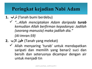 Peringkat kejadian Nabi Adam
1. ‫( تراب‬Tanah bumi berdebu)
   “…Allah menciptakan Adam daripada turab
      kemudian Allah berfirman kepadanya: Jadilah
      (seorang manusia) maka jadilah dia.”
      (Al-Imran:59)
2. ‫( طين لبزب‬Tanah yang melekat)
   Allah menyaring ‘turab’ untuk mendapatkan
      saripati dan memilih yang benar2 suci dan
      bersih dan seterusnya dicampur dengan air
      untuk menjadi tin
                  cahaYa petuNjuk_ctu085/jun2011
 