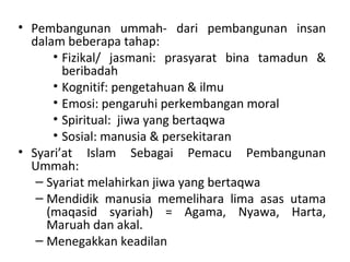 • Pembangunan ummah- dari pembangunan insan
  dalam beberapa tahap:
      • Fizikal/ jasmani: prasyarat bina tamadun &
        beribadah
      • Kognitif: pengetahuan & ilmu
      • Emosi: pengaruhi perkembangan moral
      • Spiritual: jiwa yang bertaqwa
      • Sosial: manusia & persekitaran
• Syari’at Islam Sebagai Pemacu Pembangunan
  Ummah:
   – Syariat melahirkan jiwa yang bertaqwa
   – Mendidik manusia memelihara lima asas utama
     (maqasid syariah) = Agama, Nyawa, Harta,
     Maruah dan akal.
   – Menegakkan keadilan
 