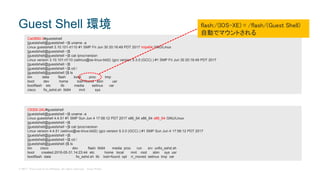 © 2017 Cisco and/or its affiliates. All rights reserved. Cisco Public
Guest Shell 環境
Cat3850-3#guestshell
[guestshell@guestshell ~]$ uname -a
Linux guestshell 3.10.101-rt110 #1 SMP Fri Jun 30 20:16:49 PDT 2017 mips64 GNU/Linux
[guestshell@guestshell ~]$
[guestshell@guestshell ~]$ cat /proc/version
Linux version 3.10.101-rt110 (xelinux@xe-linux-bld2) (gcc version 5.3.0 (GCC) ) #1 SMP Fri Jun 30 20:16:49 PDT 2017
[guestshell@guestshell ~]$
[guestshell@guestshell ~]$ cd /
[guestshell@guestshell /]$ ls
bin data flash local proc tmp
boot dev home lost+found sbin usr
bootflash etc lib media selinux var
cisco fix_sshd.sh lib64 mnt sys
C9300-24U#guestshell
[guestshell@guestshell ~]$ uname -a
Linux guestshell 4.4.51 #1 SMP Sun Jun 4 17:58:12 PDT 2017 x86_64 x86_64 x86_64 GNU/Linux
[guestshell@guestshell ~]$
[guestshell@guestshell ~]$ cat /proc/version
Linux version 4.4.51 (xelinux@xe-linux-bld2) (gcc version 5.3.0 (GCC) ) #1 SMP Sun Jun 4 17:58:12 PDT 2017
[guestshell@guestshell ~]$
[guestshell@guestshell ~]$ cd /
[guestshell@guestshell /]$ ls
bin cisco dev flash lib64 media proc run srv unfix_sshd.sh
boot created.2016-05-31.14:23:44 etc home local mnt root sbin sys usr
bootflash data fix_sshd.sh lib lost+found opt rr_moved selinux tmp var
flash:/(IOS-XE) = /flash/(Guest Shell)
自動でマウントされる
 