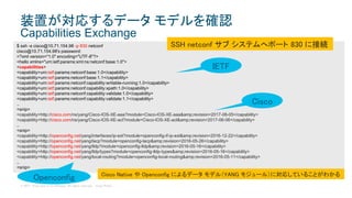 © 2017 Cisco and/or its affiliates. All rights reserved. Cisco Public
装置が対応するデータ モデルを確認
Capabilities Exchange
$ ssh -s cisco@10.71.154.98 -p 830 netconf
cisco@10.71.154.98's password:
<?xml version="1.0" encoding="UTF-8"?>
<hello xmlns="urn:ietf:params:xml:ns:netconf:base:1.0">
<capabilities>
<capability>urn:ietf:params:netconf:base:1.0</capability>
<capability>urn:ietf:params:netconf:base:1.1</capability>
<capability>urn:ietf:params:netconf:capability:writable-running:1.0</capability>
<capability>urn:ietf:params:netconf:capability:xpath:1.0</capability>
<capability>urn:ietf:params:netconf:capability:validate:1.0</capability>
<capability>urn:ietf:params:netconf:capability:validate:1.1</capability>
..
<snip>
<capability>http://cisco.com/ns/yang/Cisco-IOS-XE-aaa?module=Cisco-IOS-XE-aaa&amp;revision=2017-06-05</capability>
<capability>http://cisco.com/ns/yang/Cisco-IOS-XE-acl?module=Cisco-IOS-XE-acl&amp;revision=2017-06-06</capability>
..
<snip>
<capability>http://openconfig.net/yang/interfaces/ip-ext?module=openconfig-if-ip-ext&amp;revision=2016-12-22</capability>
<capability>http://openconfig.net/yang/lacp?module=openconfig-lacp&amp;revision=2016-05-26</capability>
<capability>http://openconfig.net/yang/lldp?module=openconfig-lldp&amp;revision=2016-05-16</capability>
<capability>http://openconfig.net/yang/lldp/types?module=openconfig-lldp-types&amp;revision=2016-05-16</capability>
<capability>http://openconfig.net/yang/local-routing?module=openconfig-local-routing&amp;revision=2016-05-11</capability>
..
<snip>
SSH netconf サブ システムへポート 830 に接続
Cisco Native や Openconfig によるデータ モデル（YANG モジュール）に対応していることがわかる
IETF
Cisco
Openconfig
 