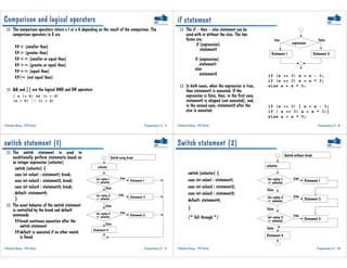 ©Gustavo Alonso, ETH Zürich. Programming in C 17
Comparison and logical operators
! The comparison operators return a 1 or a 0 depending on the result of the comparison. The
comparison operators in C are
"< (smaller than)
"> (greater than)
"<= (smaller or equal than)
">= (greater or equal than)
"== (equal than)
"!= (not equal than)
! && and || are the logical AND and OR operators
( a != b) && (c > d)
(a < b) || (c > d)
©Gustavo Alonso, ETH Zürich. Programming in C 18
if statement
! The if – then – else statement can be
used with or without the else. The two
forms are:
if (expression)
statement1
if (expression)
statement1
else
statement2
! In both cases, when the expression is true,
then statement1 is executed. If the
expression is false, then, in the first case,
statement1 is skipped (not executed), and,
in the second case, statement2 after the
else is executed.
true
Statement 1 Statement 2
false
expression
if (a >= 3) a = a - 3;
if (a == 3) a = a * 3;
else a = a * 5;
if (a >= 3) { a = a - 3;
if ( a == 3) a = a * 3;}
else a = a * 5;
©Gustavo Alonso, ETH Zürich. Programming in C 19
switch statement (1)
! The switch statement is used to
conditionally perform statements based on
an integer expression (selector)
switch (selector) {
case int-value1 : statement1; break;
case int-value2 : statement2; break;
case int-value3 : statement3; break;
default: statement4;
}
! The exact behavior of the switch statement
is controlled by the break and default
commands
"break continues execution after the
switch statement
"default is executed if no other match
is found
false
trueint–value 1
= selector
selector
Statement 1
int–value 2
= selector
true
Statement 2
false
int–value 2
= selector
true
Statement 3
false
Statement 4
Switch using break
©Gustavo Alonso, ETH Zürich. Programming in C 20
Switch statement (2)
switch (selector) {
case int-value1 : statement1;
case int-value2 : statement2;
case int-value3 : statement3;
default: statement4;
}
/* fall through */
false
trueint–value 1
= selector
selector
Statement 1
int–value 2
= selector
true
Statement 2
false
int–value 2
= selector
true
Statement 3
false
Statement 4
Switch without break
 