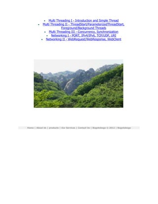 Multi Threading I - Introduction and Simple Thread
             Multi Threading II - ThreadStart/ParameterizedThreadStart,
                          Foreground/Background Threads
                 Multi Threading III - Concurrency, Synchronization
                   Networking I - PORT, IPv4/IPv6, TCP/UDP, URI
              Networking II - WebRequest/WebResponse, WebClient




Home | About Us | products | Our Services | Contact Us | Bogotobogo © 2012 | Bogotobogo
 