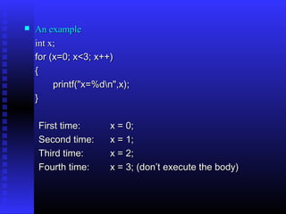    An example
    int x;
    for (x=0; x<3; x++)
    {
         printf("x=%dn",x);
    }

    First time:       x = 0;
    Second time:      x = 1;
    Third time:       x = 2;
    Fourth time:      x = 3; (don’t execute the body)
 