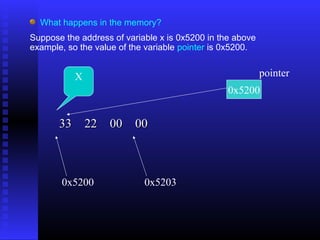 What happens in the memory?
Suppose the address of variable x is 0x5200 in the above
example, so the value of the variable pointer is 0x5200.


           X                                               pointer
                                                 0x5200


       33 22 00 00



       0x5200               0x5203
 