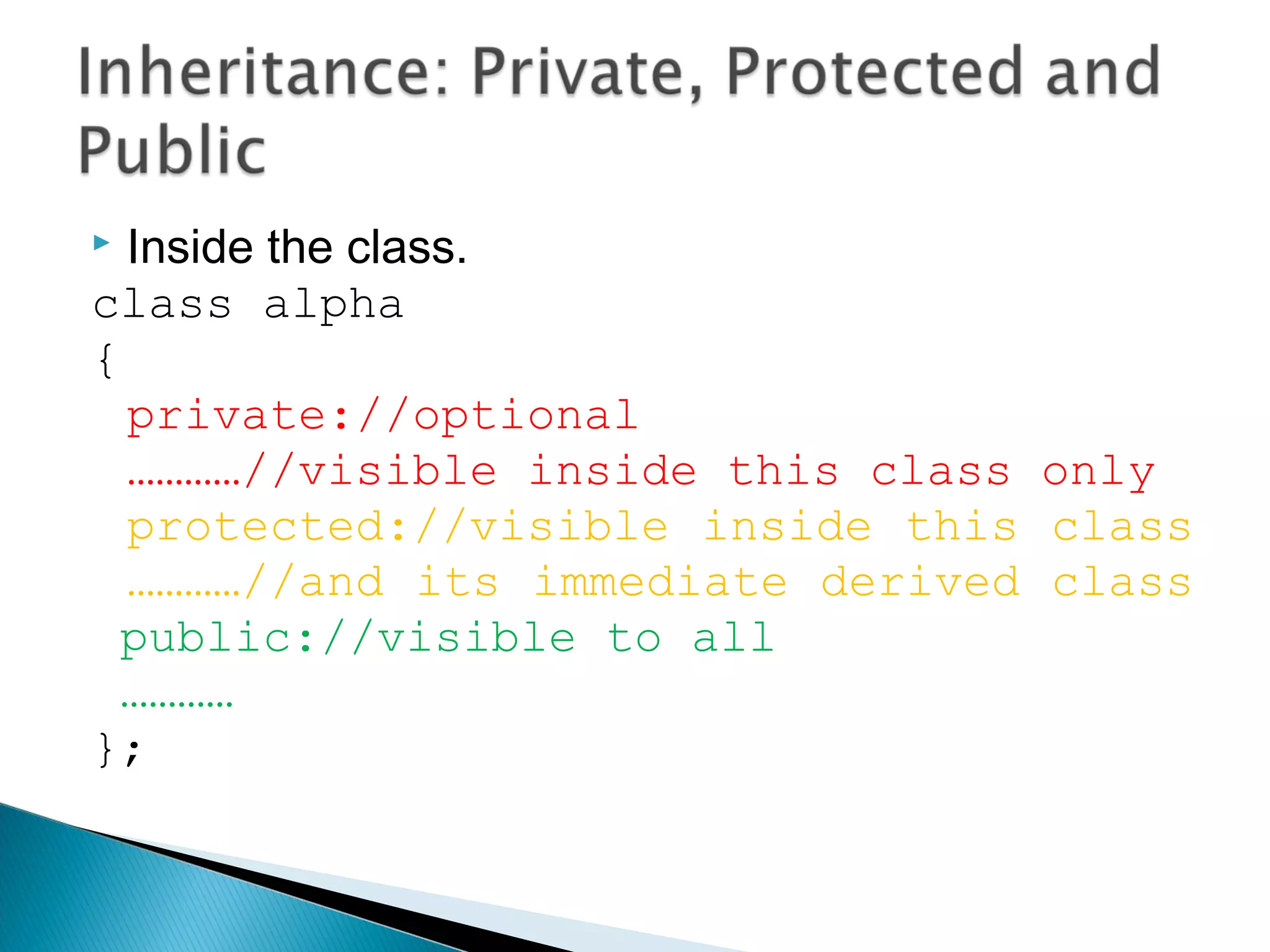  Inside the class. 
class alpha 
{ 
private://optional 
…………//visible inside this class only 
protected://visible inside this class 
…………//and its immediate derived class 
public://visible to all 
………… 
}; 
 