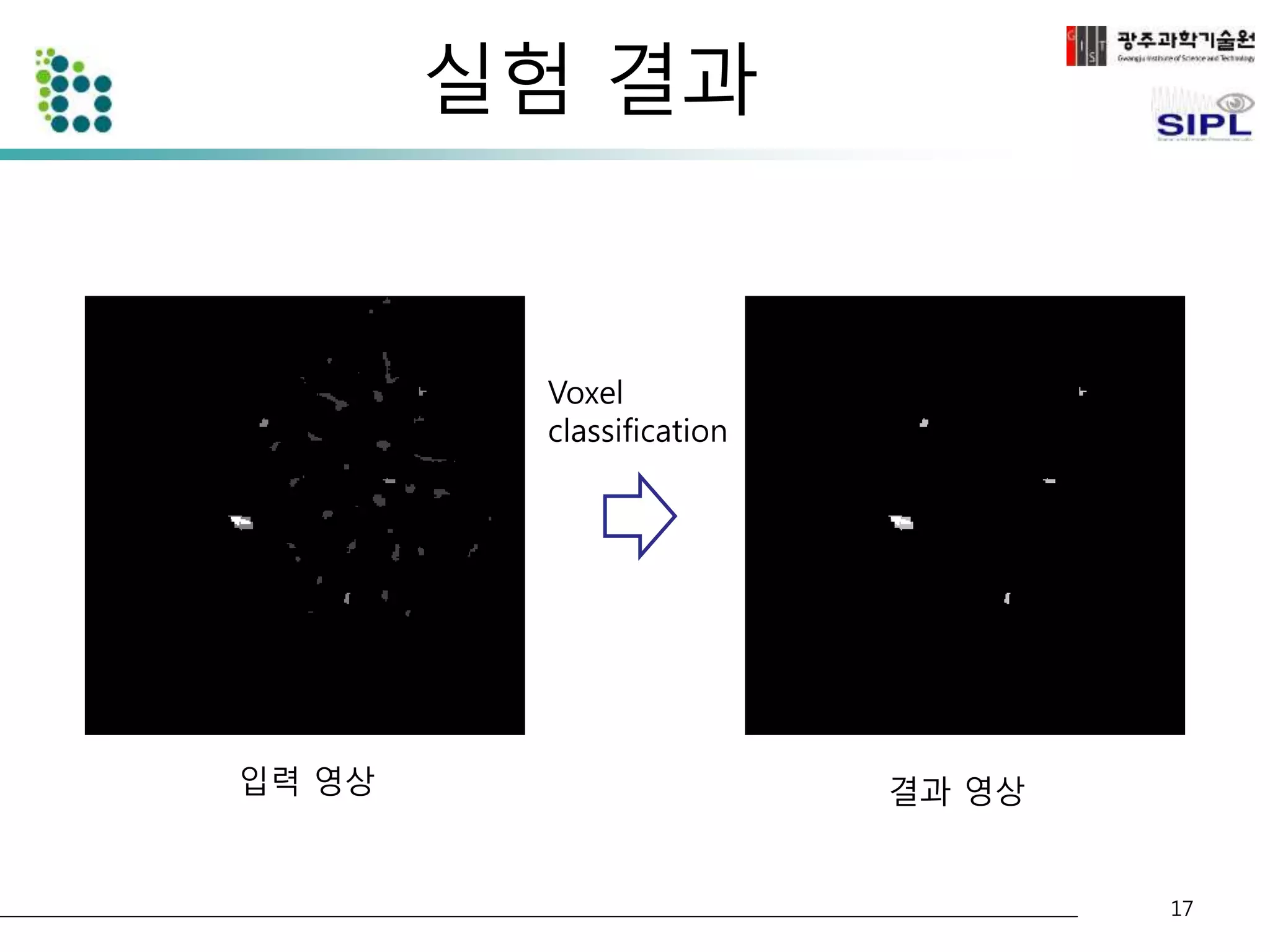 실험 결과 
입력 영상 
Voxel 
classification 
결과 영상 
17 
 