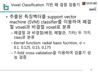 Voxel Classification 기반 폐 결절 검출기 
• 추출된 특징벡터를 support vector 
machine (SVM) classifier를 이용하여 폐결 
절 voxel과 비결절 voxel로 분류 
– 폐결절 과 비결절(배경, 폐혈관, 기타) 두 가지 
class로 분류 
– Kernel function: radial basis fucntion, σ = 
0.1, 0.125, 0.15, 0.175 
– 7-fold cross-validation을 이용하여 검출기 성 
능 검증 
15 
 
