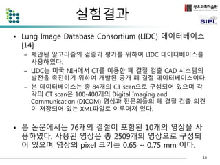 실험결과 
• Lung Image Database Consortium (LIDC) 데이터베이스 
[14] 
– 제안된 알고리즘의 검증과 평가를 위하여 LIDC 데이터베이스를 
사용하였다. 
– LIDC는 미국 NIH에서 CT를 이용한 폐 결절 검출 CAD 시스템의 
발전을 촉진하기 위하여 개발된 공개 폐 결절 데이터베이스이다. 
– 본 데이터베이스는 총 84개의 CT scan으로 구성되어 있으며 각 
각의 CT scan은 100-400개의 Digital Imaging and 
Communication (DICOM) 영상과 전문의들의 폐 결절 검출 의견 
이 저장되어 있는 XML파일로 이루어져 있다. 
• 본 논문에서는 76개의 결절이 포함된 10개의 영상을 사 
용하였다. 사용된 영상은 총 2509개의 영상으로 구성되 
어 있으며 영상의 pixel 크기는 0.65 ~ 0.75 mm 이다. 
16 
 