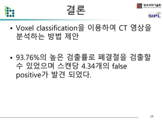 결론 
• Voxel classification을 이용하여 CT 영상을 
분석하는 방법 제안 
• 93.76%의 높은 검출률로 폐결절을 검출할 
수 있었으며 스캔당 4.34개의 false 
positive가 발견 되었다. 
19 
 