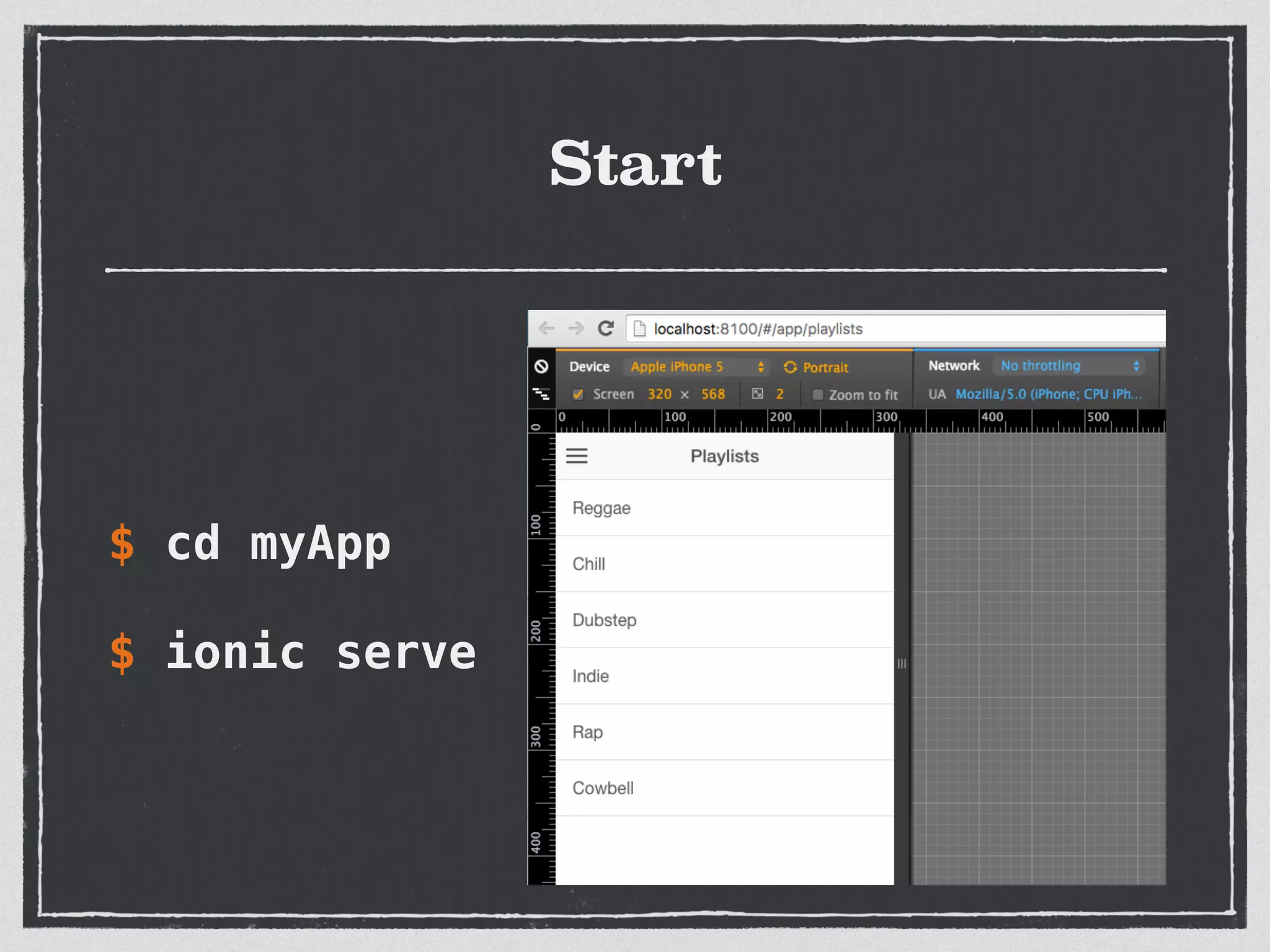 Start
$ cd myApp
$ ionic serve
 