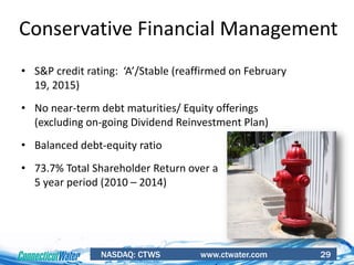 NASDAQ: CTWS www.ctwater.com 29
Conservative Financial Management
• S&P credit rating: ‘A’/Stable (reaffirmed on February
19, 2015)
• No near-term debt maturities/ Equity offerings
(excluding on-going Dividend Reinvestment Plan)
• Balanced debt-equity ratio
• 73.7% Total Shareholder Return over a
5 year period (2010 – 2014)
 