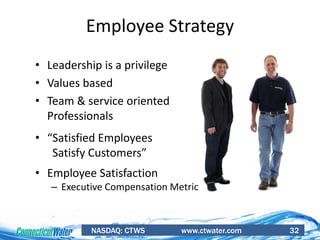 NASDAQ: CTWS www.ctwater.com 32
• Leadership is a privilege
• Values based
• Team & service oriented
Professionals
• “Satisfied Employees
Satisfy Customers”
• Employee Satisfaction
– Executive Compensation Metric
Employee Strategy
 