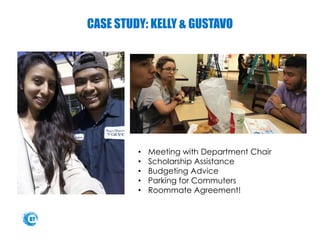 CASE STUDY: KELLY & GUSTAVO
• Meeting with Department Chair
• Scholarship Assistance
• Budgeting Advice
• Parking for Commuters
• Roommate Agreement!
 