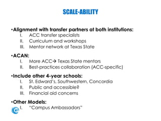 SCALE-ABILITY
•Alignment with transfer partners at both institutions:
I. ACC transfer specialists
II. Curriculum and workshops
III. Mentor network at Texas State
•ACAN:
I. More ACC Texas State mentors
II. Best-practices collaboration (ACC-specific)
•Include other 4-year schools:
I. St. Edward’s, Southwestern, Concordia
II. Public and accessible?
III. Financial aid concerns
•Other Models:
I. “Campus Ambassadors”
 