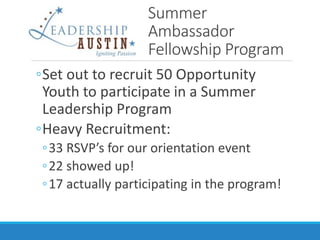 Summer
Ambassador
Fellowship Program
◦Set out to recruit 50 Opportunity
Youth to participate in a Summer
Leadership Program
◦Heavy Recruitment:
◦33 RSVP’s for our orientation event
◦22 showed up!
◦17 actually participating in the program!
 