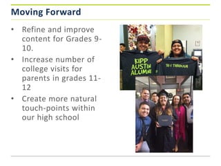 Moving Forward
• Refine and improve
content for Grades 9-
10.
• Increase number of
college visits for
parents in grades 11-
12
• Create more natural
touch-points within
our high school
 