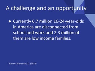 A challenge and an opportunity
● Currently 6.7 million 16-24-year-olds
in America are disconnected from
school and work and 2.3 million of
them are low income families.
Source: Stoneman, D. (2012)
 