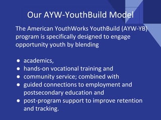 The American YouthWorks YouthBuild (AYW-YB)
program is specifically designed to engage
opportunity youth by blending
● academics,
● hands-on vocational training and
● community service; combined with
● guided connections to employment and
postsecondary education and
● post-program support to improve retention
and tracking.
Our AYW-YouthBuild Model
 