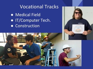Vocational Tracks
● Medical Field
● IT/Computer Tech.
● Construction
 
