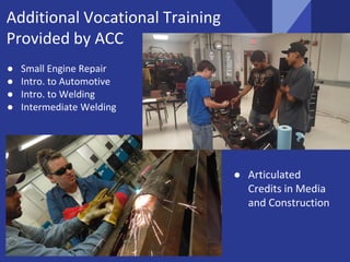 Additional Vocational Training
Provided by ACC
● Small Engine Repair
● Intro. to Automotive
● Intro. to Welding
● Intermediate Welding
● Articulated
Credits in Media
and Construction
 