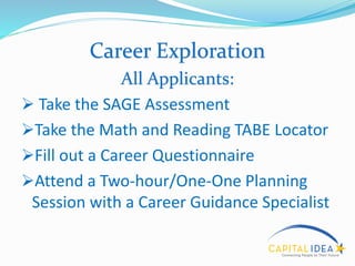 Career Exploration
All Applicants:
 Take the SAGE Assessment
Take the Math and Reading TABE Locator
Fill out a Career Questionnaire
Attend a Two-hour/One-One Planning
Session with a Career Guidance Specialist
 