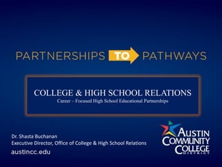 COLLEGE & HIGH SCHOOL RELATIONS
Career – Focused High School Educational Partnerships
Dr. Shasta Buchanan
Executive Director, Office of College & High School Relations
 