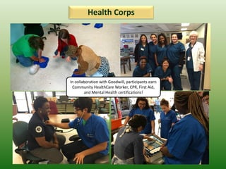Health Corps
In collaboration with Goodwill, participants earn
Community HealthCare Worker, CPR, First Aid,
and Mental Health certifications!
 