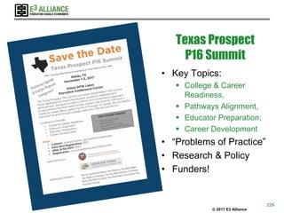 © 2017 E3 Alliance
Texas Prospect
P16 Summit
• Key Topics:
 College & Career
Readiness,
 Pathways Alignment,
 Educator Preparation;
 Career Development
• “Problems of Practice”
• Research & Policy
• Funders!
229
 