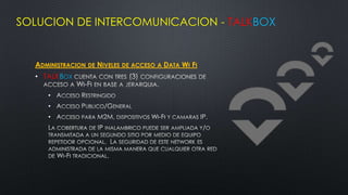SOLUCION DE INTERCOMUNICACION - TALKBOX


  ADMINISTRACION   DE   NIVELES DE ACCESO A DATA WI FI
  • TALKBOX

     •
     •
     •
 