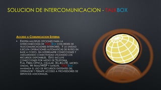 SOLUCION DE INTERCOMUNICACION - TALKBOX




  ACCESO A COMUNICACION EXTERNA
  •
                     TALKBOX




                                  TALKBOX
 