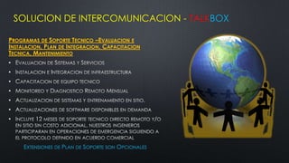 SOLUCION DE INTERCOMUNICACION - TALKBOX

PROGRAMAS DE SOPORTE TECNICO –EVALUACION E
INSTALACION, PLAN DE INTEGRACION, CAPACITACION
TECNICA, MANTENIMIENTO
•
•
•
•
•
•
•



     EXTENSIONES DE PLAN DE SOPORTE SON OPCIONALES
 