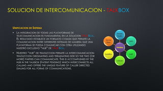 SOLUCION DE INTERCOMUNICACION - TALKBOX


 UNIFICACION DE SISTEMA
 •
                                    TALKBOX



                          TALKBOX
 •
 