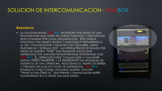 SOLUCION DE INTERCOMUNICACION - TALKBOX


  RADIOMOVIL
  •             TALKBOX




      TALKBOX

                          TALKBOX
 