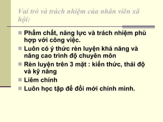 Vai trò và trách nhiệm của nhân viên xã hội: Phẩm chất, năng lực và trách nhiệm phù hợp với công việc. Luôn có ý thức rèn luyện khả năng và nâng cao trình độ chuyên môn Rèn luyện trên 3 mặt : kiến thức, thái độ và kỹ năng Liêm chính Luôn học tập để đổi mới chính mình. 