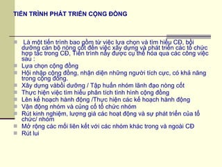 TIẾN TRÌNH PHÁT TRIỂN CỘNG ĐỒNG Là một tiến trình bao gồm từ việc lựa chọn và tìm hiểu CĐ, bồi dưỡng cán bộ nòng cốt đến việc xây dựng và phát triển các tổ chức hợp tác trong CĐ, Tiến trình nầy được cụ thể hóa qua các công việc sau : Lựa chọn cộng đồng Hội nhập cộng đồng, nhận diện những người tích cực, có khả năng trong cộng đồng. Xây dựng vàbồi dưỡng / Tập huấn nhóm lãnh đạo nòng cốt Thực hiện việc tìm hiểu phân tích tình hình cộng đồng Lên kế hoạch hành động /Thực hiện các kế hoạch hành động Vận động nhóm và củng cố tổ chức nhóm Rút kinh nghiệm, lượng giá các hoạt động và sự phát triển của tổ chức/ nhóm Mở rộng các mối liên kết với các nhóm khác trong và ngoài CĐ Rút lui 