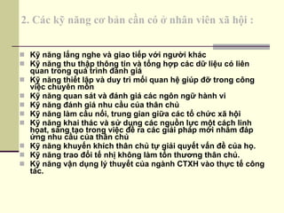 2. Các kỹ năng cơ bản cần có ở nhân viên xã hội : Kỹ năng lắng nghe và giao tiếp với người khác Kỹ năng thu thập thông tin và tổng hợp các dữ liệu có liên quan trong quá trình đánh giá Kỹ năng thiết lập và duy trì mối quan hệ giúp đỡ trong công việc chuyên môn Kỹ năng quan sát và đánh giá các ngôn ngữ hành vi Kỹ năng đánh giá nhu cầu của thân chủ Kỹ năng làm cầu nối, trung gian giữa các tổ chức xã hội Kỹ năng khai thác và sử dụng các nguồn lực một cách linh họat, sáng tạo trong việc đề ra các giải pháp mới nhằm đáp ứng nhu cầu của thân chủ Kỹ năng khuyến khích thân chủ tự giải quyết vấn đề của họ. Kỹ năng trao đổi tế nhị không làm tổn thương thân chủ. Kỹ năng vận dụng lý thuyết của ngành CTXH vào thực tế công tác. 