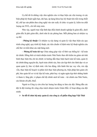 Khóa lu n t t nghi pậ ố ệ GVHD: TS Lê Th Thanh H iị ả
Cụ thể đó là những việc như nghiên cứu và thực hiện các chủ trương và các
biện pháp kỹ thuật ngắn hạn, dài hạn, áp dụng khoa học kỹ thuật tiên tiến trong thiết
kế, chế tạo sản phẩm đưa công nghệ vào sản xuất, tổ chức và quản lý, kiểm tra chất
lượng các NVL, chi tiết máy móc.
Như vậy, người trực tiếp lãnh đạo điều hành doanh nghiệp là giám đốc, dưới
giám đốc là phó giám đốc, dưới nữa là các phòng ban. Mỗi phòng ban có nhiệm vụ
cụ thể.
- Phòng kỹ thuật: Có nhiệm vụ xây dựng và quản lý việc thực hiện các quy
trình công nghệ, quy trình kỹ thuật, các tiêu chuẩn về định mức kỹ thuật nghiên cứu
chế thử và triển khai các mặt hàng mới.
- Phòng kế toán tài vụ: Chức năng giúp việc về lĩnh vực thống kê – kế toán
tài chính. Đồng thời có trách nhiệm trước Nhà Nước theo dõi kiểm tra giám sát tình
hình thực hiện thu chi tài chính và hướng dẫn thực hiện hạch toán kế toán, quản lý
tài chính đúng nguyên tắc, hạch toán chính xác, báo cáo kịp thời cho lãnh đạo và cơ
quan quản lý, bảo vệ định mức vốn lưu động, tiến hành thủ tục vay vốn, xin cấp
vốn, thực hiện kế hoạch và phân tích thực hiện phương án, biện pháp làm giảm chi
phí, bảo quản hồ sơ và tài liệu kế toán, phát huy và ngăn ngừa kịp thời những hành
vi tham ô, lãng phí, vi phạm chế độ chính sách kế toán – tài chính của Nhà Nước,
các khoản chi phí, thuế.
Ngoài ra Công ty còn chia lực lượng lao động ra làm các đội. Đứng đầu các
đội là đội trưởng thi công chịu trách nhiẹm trước Giám Đốc về hoạt động của đội
mình.
 Sơ đồ tổ chức bộ máy quản lý của công ty cổ phần tổng hợp Việt Thái
 