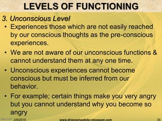 2/6/2015 35www.drjayeshpatidar.blogspot.com
3. Unconscious Level
BRAIN AND BEHAVIOR
• Experiences those which are not easily reached
by our conscious thoughts as the pre-conscious
experiences.
• We are not aware of our unconscious functions &
cannot understand them at any one time.
• Unconscious experiences cannot become
conscious but must be inferred from our
behavior.
• For example; certain things make you very angry
but you cannot understand why you become so
angry
LEVELS OF FUNCTIONING
 