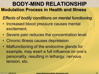 2/6/2015 37www.drjayeshpatidar.blogspot.com
Modulation Process in Health and Illness
Effects of bodily conditions on mental functioning
• Increased blood pressure causes mental
excitement.
• Severe pain reduces the concentration level
• Chronic illness causes depression
• Malfunctioning of the endocrine glands for
example, may exert a full influence on one‟s
personality, resulting in lethargy, nervous
tension, etc.
BODY-MIND RELATIONSHIP
 