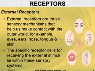 • External receptors are those
sensory mechanisms that
help us make contact with the
outer world, for example,
eyes, ears, nose, tongue &
skin.
• The specific receptor cells for
receiving the external stimuli
lie within these sensory
systems.
2/6/2015 4www.drjayeshpatidar.blogspot.com
External Receptors
RECEPTORS
 