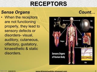 • When the receptors
are not functioning
properly, they lead to
sensory defects or
disorders- visual,
auditory, cutaneous,
olfactory, gustatory,
kinaesthetic & static
disorders.
2/6/2015 7www.drjayeshpatidar.blogspot.com
Sense Organs Count…
RECEPTORS
 
