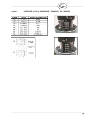 13
®
FIGURE 8. WIRING TABLE, SCHEMATIC AND DIAGRAM OF PHOENIX MODEL “CEX” SCANNERS
TERMINAL FUNCTION INTERNAL FACTORY WIRE COLOR
TB1-1 24 Volt (-) WHITE
TB1-2 24 Volt (+) BLACK
TB1-3 4-20 mA (+) VIOLET
TB1-4 4-20 mA (-) GREY
TB2-1 FAULT RELAY PINK
TB2-2 FAULT RELAY RED
TB2-3 FLAME RELAY WHITE/RED
TB2-4 FLAME RELAY WHITE/BLACK
4 3 2 1
1 2 3 4
TB2
TB1
(KEYPAD END
OF SCANNER)
(KEYPAD END
OF SCANNER)
INTERNAL FACTORY
WIRING
 