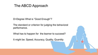 The ABCD Approach
D=Degree What is “Good Enough”?
The standard or criterion for judging the behavioral
performance.
What has to happen for the learner to succeed?
It might be: Speed, Accuracy, Quality, Quantity
 