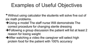 Examples of Useful Objectives

Without using calculator the students will solve five out of
six math problems.
Using a model The staff nurse Will demonstrate The
correct procedure for changing sterile dressing
Following a group discussion the patient will list at least 2
reason for losing weight
After watching a video the caregiver will select high
protein food for the patient with 100% accuracy
 