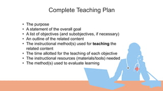 Complete Teaching Plan
01 • The purpose
• A statement of the overall goal
• A list of objectives (and subobjectives, if necessary)
• An outline of the related content
• The instructional method(s) used for teaching the
related content
• The time allotted for the teaching of each objective
• The instructional resources (materials/tools) needed
• The method(s) used to evaluate learning
 